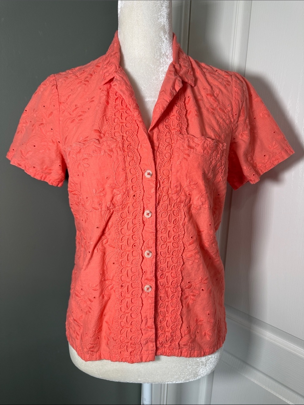 Anthropologie Maeve Coral Eyelet Button Front Blouse Size S